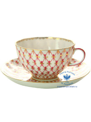 Чашка с блюдцем чайная форма Тюльпан рисунок Сетка-блюз