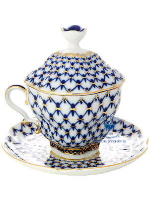 Чашка чайная с крышечкой и блюдцем форма Подарочная-2 рисунок Кобальтовая сетка