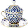 Чашка чайная с крышечкой и блюдцем форма Подарочная-2 рисунок Кобальтовая сетка ЛФЗ
