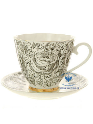 Чашка с блюдцем чайная форма Гвоздика рисунок Лето черное ИФЗ ЛФЗ