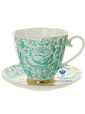 Чашка с блюдцем чайная форма Гвоздика рисунок Лето зеленое